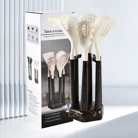 Hot Sale Kitchen Silicone and PP Black or White Cooking Utensils Sets Non-Stick Pot Soup Spoon Cooker Supplies with Spatula Rack Hot Sale Kitchen Silicone and PP Black or White Cooking Utensils Sets Non-Stick Pot Soup Spoon Cooker Supplies with Spatula Rack