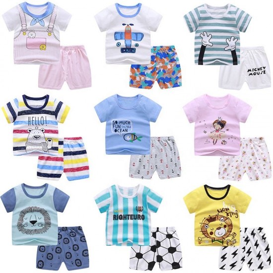 Cotton Baby Boys and Girls Summer Shirts and Shorts Sets with Custom Cartoon Prints Cotton Baby Boys and Girls Summer Shirts and Shorts Sets with Custom Cartoon Prints